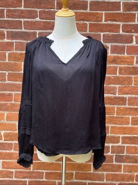 Velvet by Graham & Spencer Black Ruffle Trim Long Sleeve Blouse